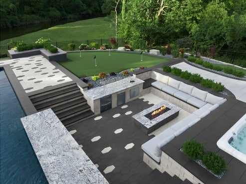 Cocina moderna al aire libre con vista a un asadero de Techo-Bloc