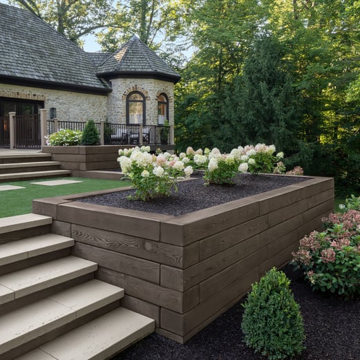 Muro de contención Borealis de Techo-Bloc utilizado para crear un jardín elevado en un diseño de patio trasero. 