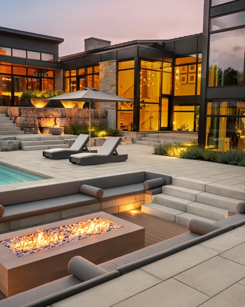 Diseño de patio trasero moderno de Techo-Bloc con iluminación exterior