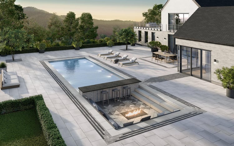 Adoquín Industria Triangle Smooth y Cubierta de piscina Raffinato