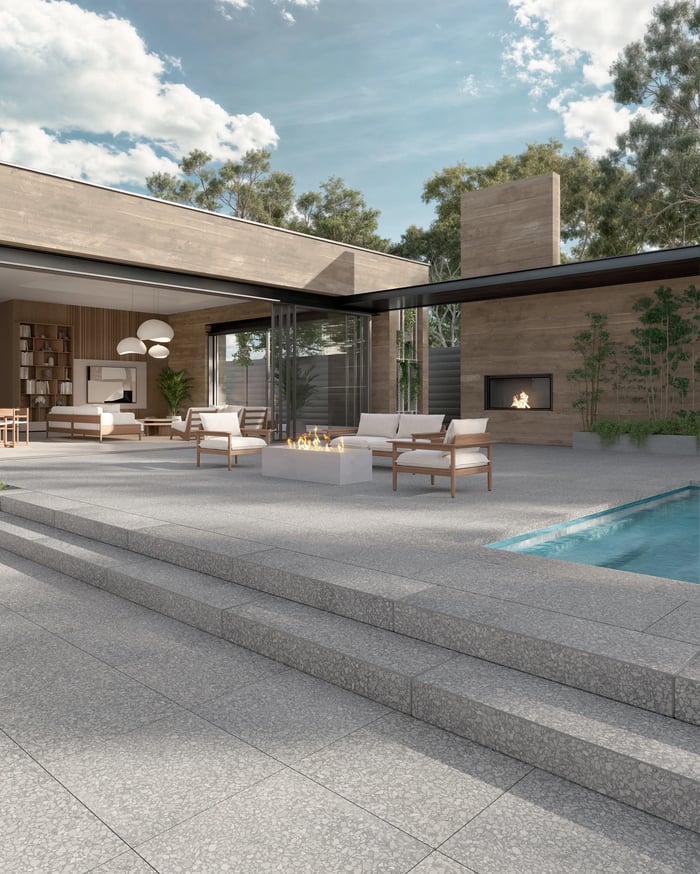 Patio trasero con asador y losas de Terrazzo